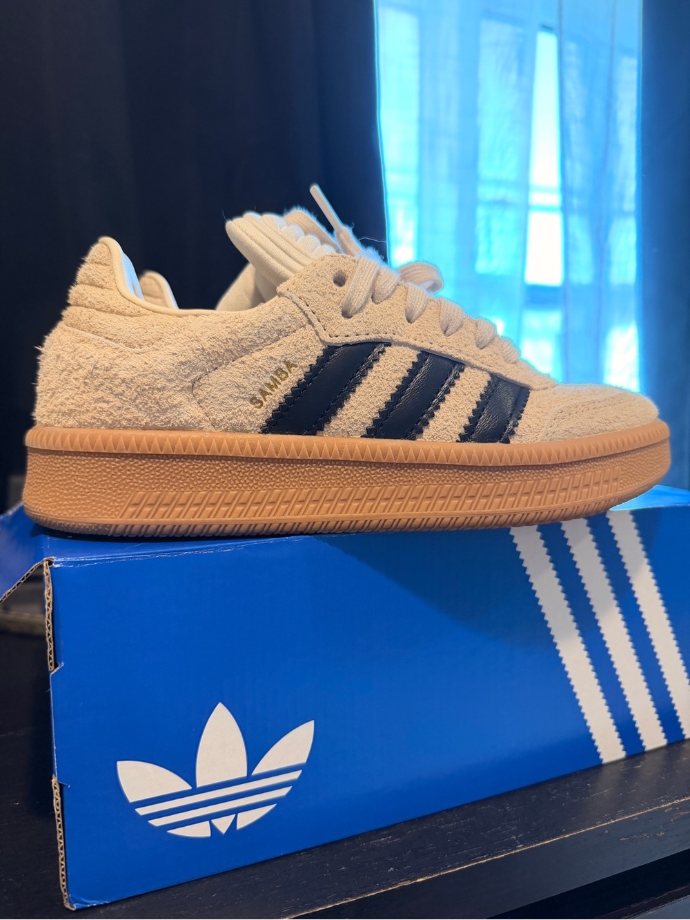adidas Beige Terry Samba with Black Three-Stripes and Gum Sole